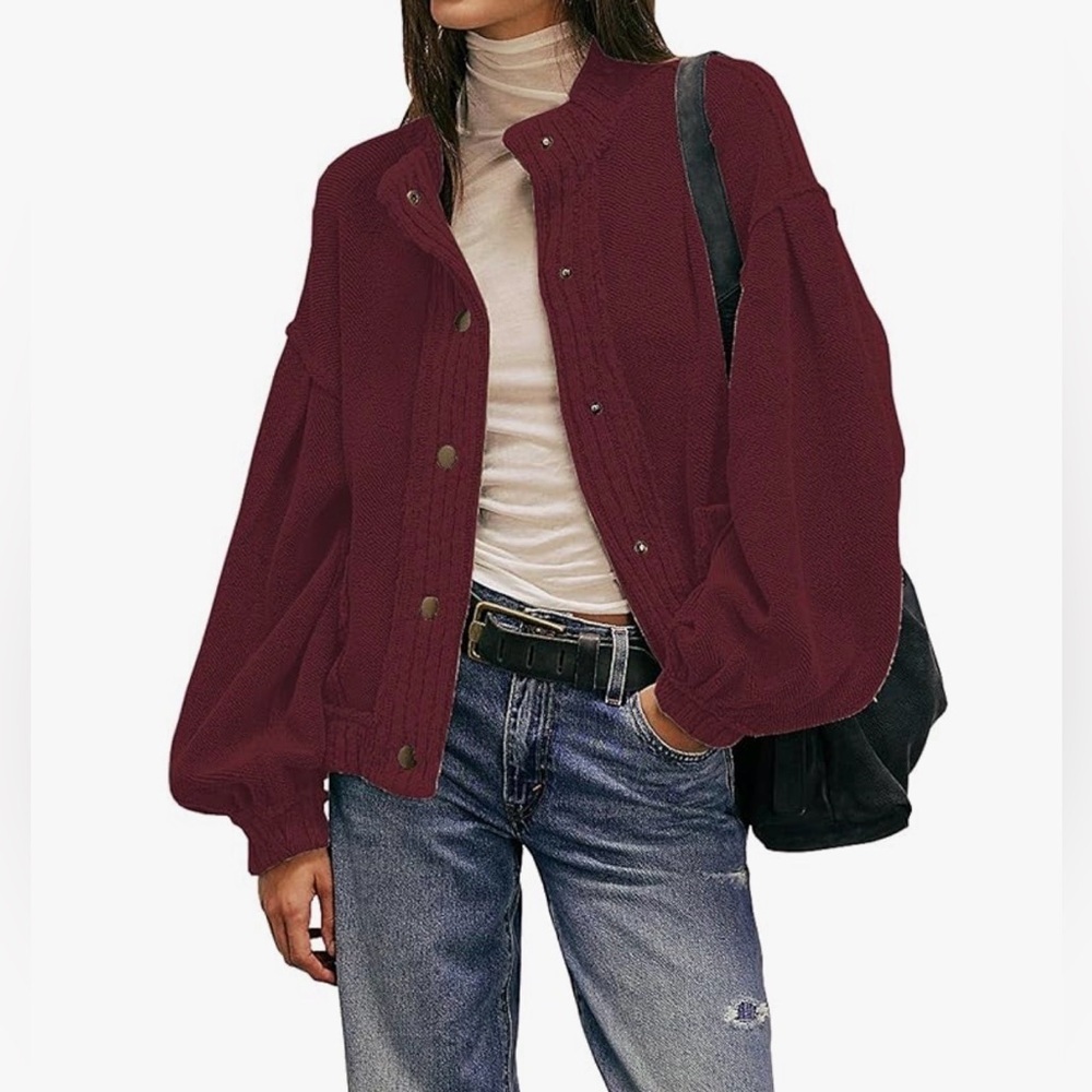 Burgundy Balloon Sleeve Button Front Cardigan XL